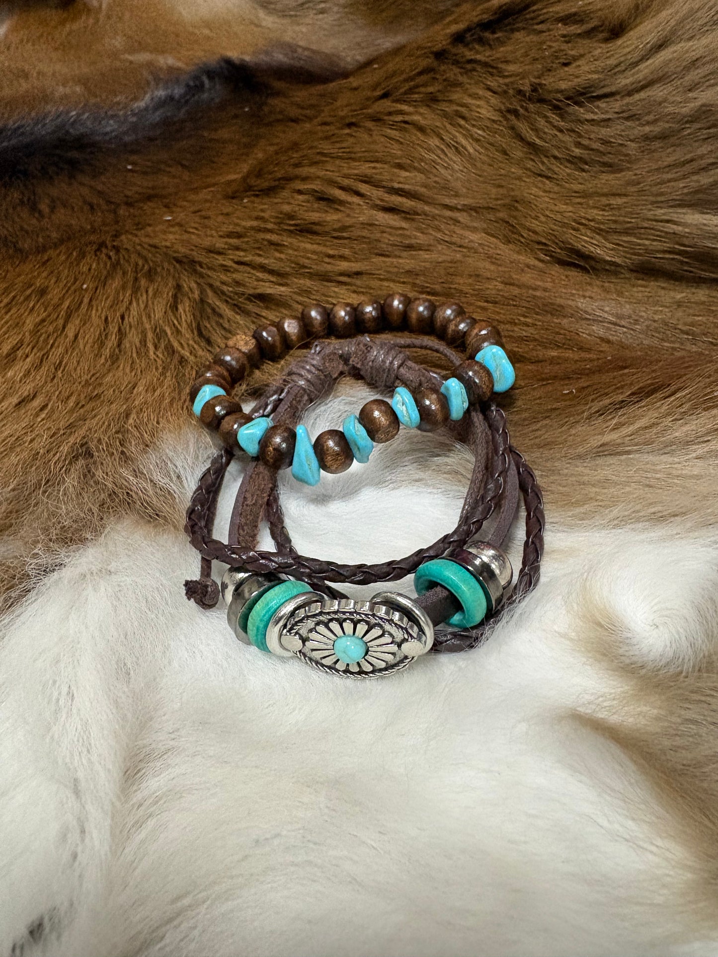 Bohemian Vintage Multi-Layered Bracelet Set Leather Wood Beads Turquoise