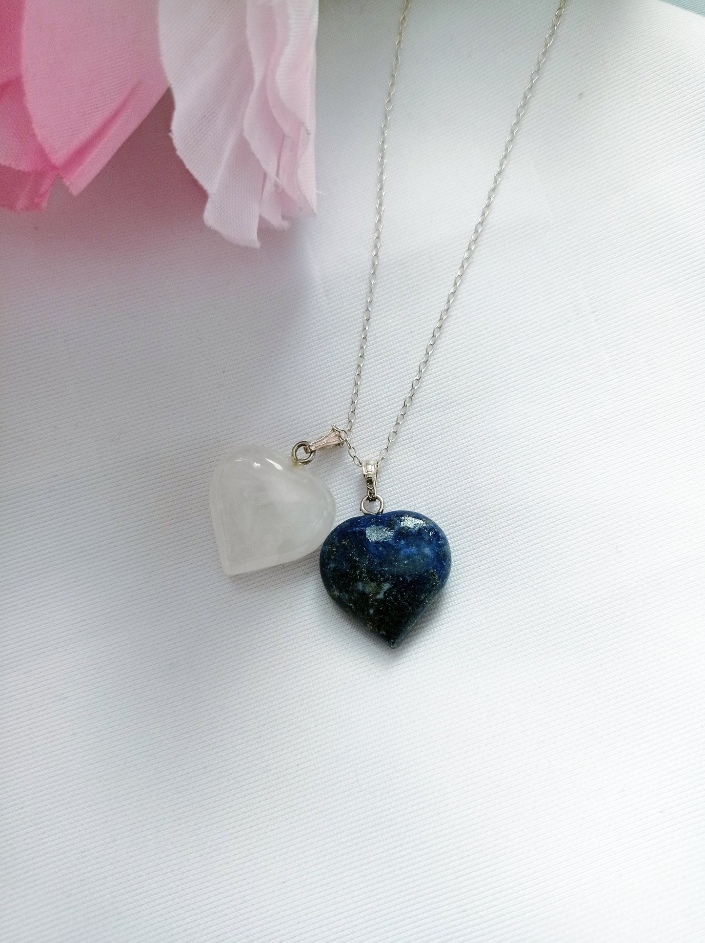 Lapis Lazuli and Rose Quartz Hearts Necklace, Lapis Lazuli and Rose Quartz Sterling Silver necklace, Lapis Lazuli and Rose Quartz Pendants, Gemstone Necklace | by nlanlaVictory-4