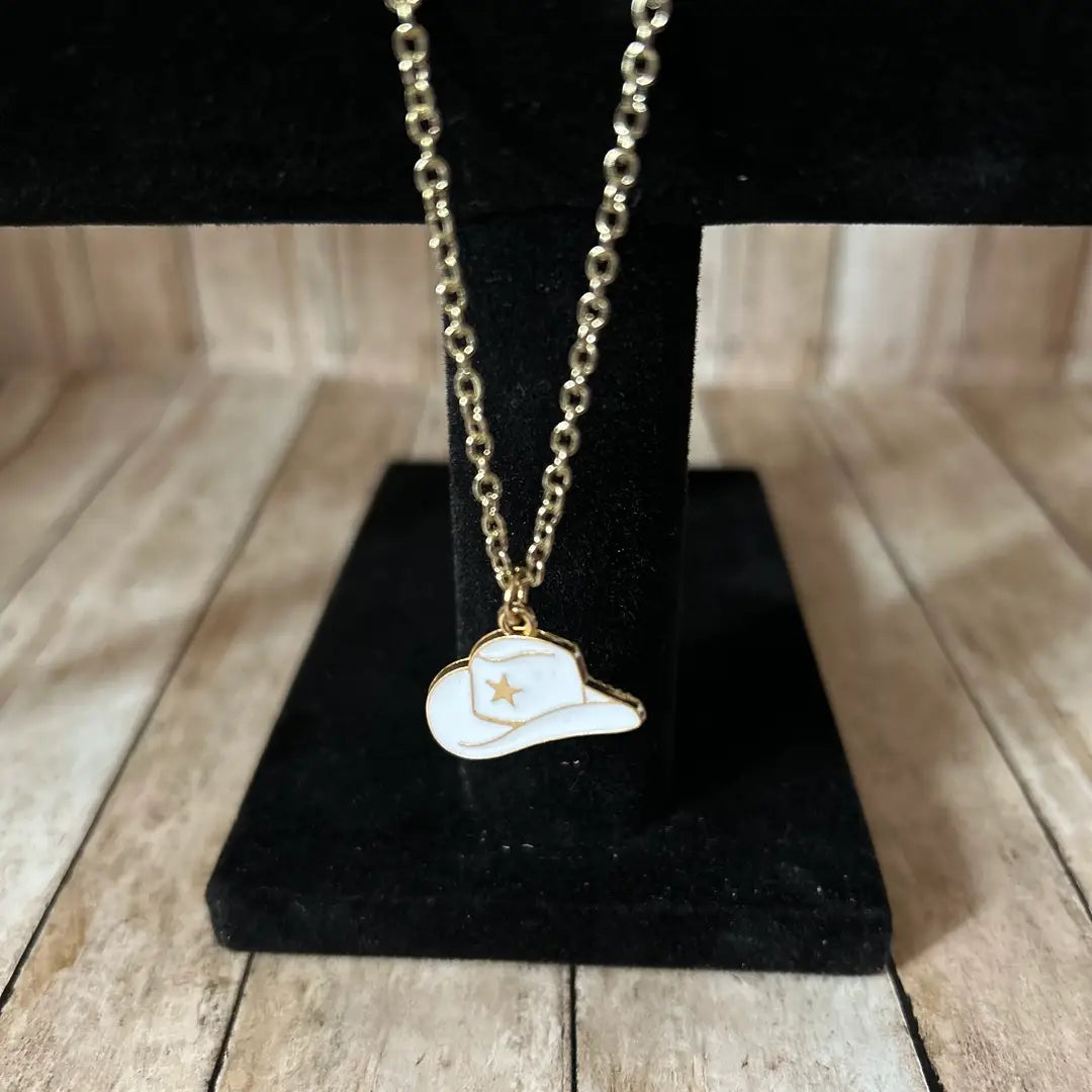 Western Charm Cowgirl Hat White Necklace and Earring Set