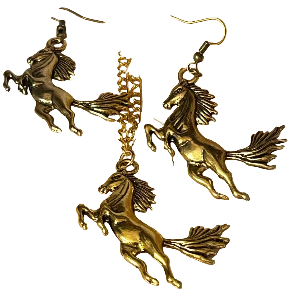 Western Horse Necklace Earring Set Color Gold