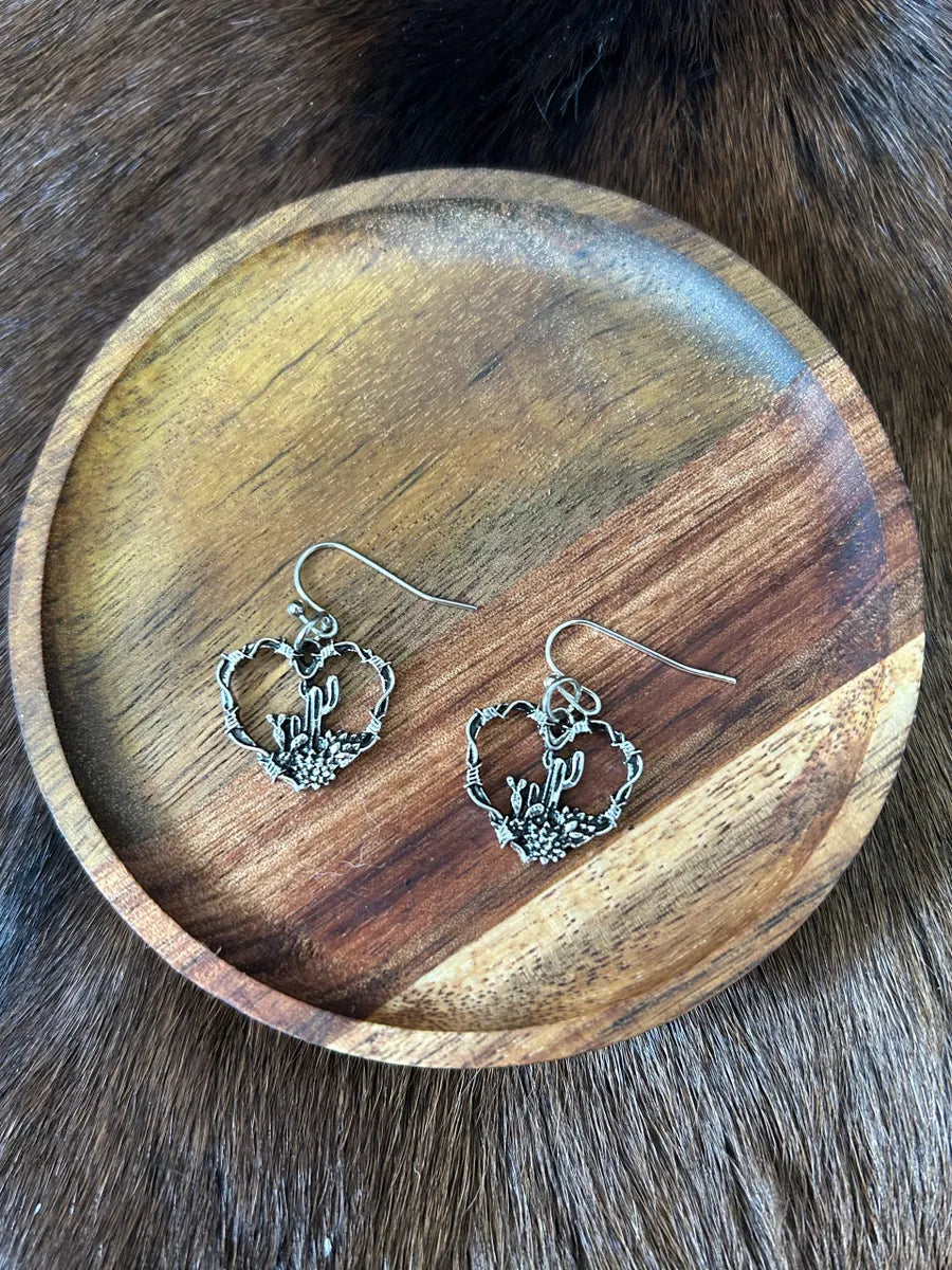 Silver Heart Shaped with Cactus Theme in the Center of Heart Earrings