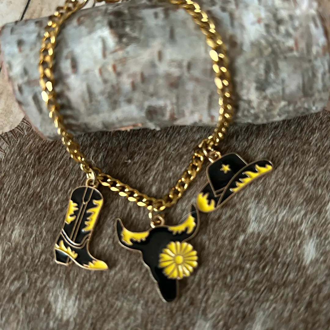 Western Bracelet Boots Hat Steer Head Charms Yellow Black