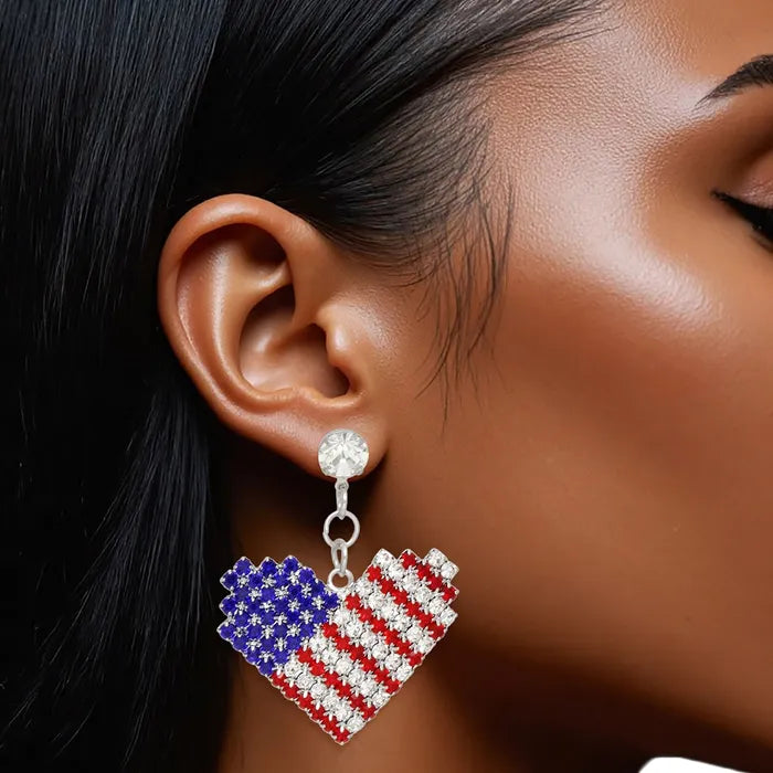 Drop Heart Freedom American Glam Silver Earrings US Flag