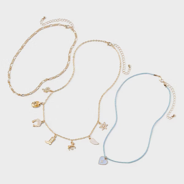 Three Western Theme Necklace Charms Heart Leaf Boot Horse Horseshoe Cowboy Hat Rhinestone Cactus