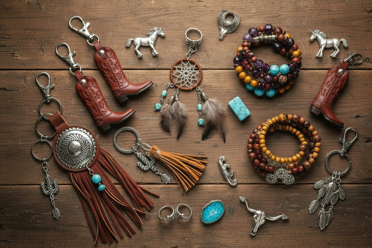Boho accessories spread: cowboy boot keychains, fringe tassels, beaded bracelets, turquoise rings, dreamcatcher charm.