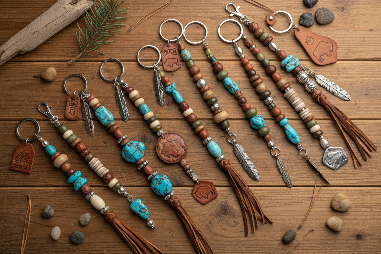 Handmade beaded keychains with turquoise and brown beads, leather tassels, and western charms on a wood background.