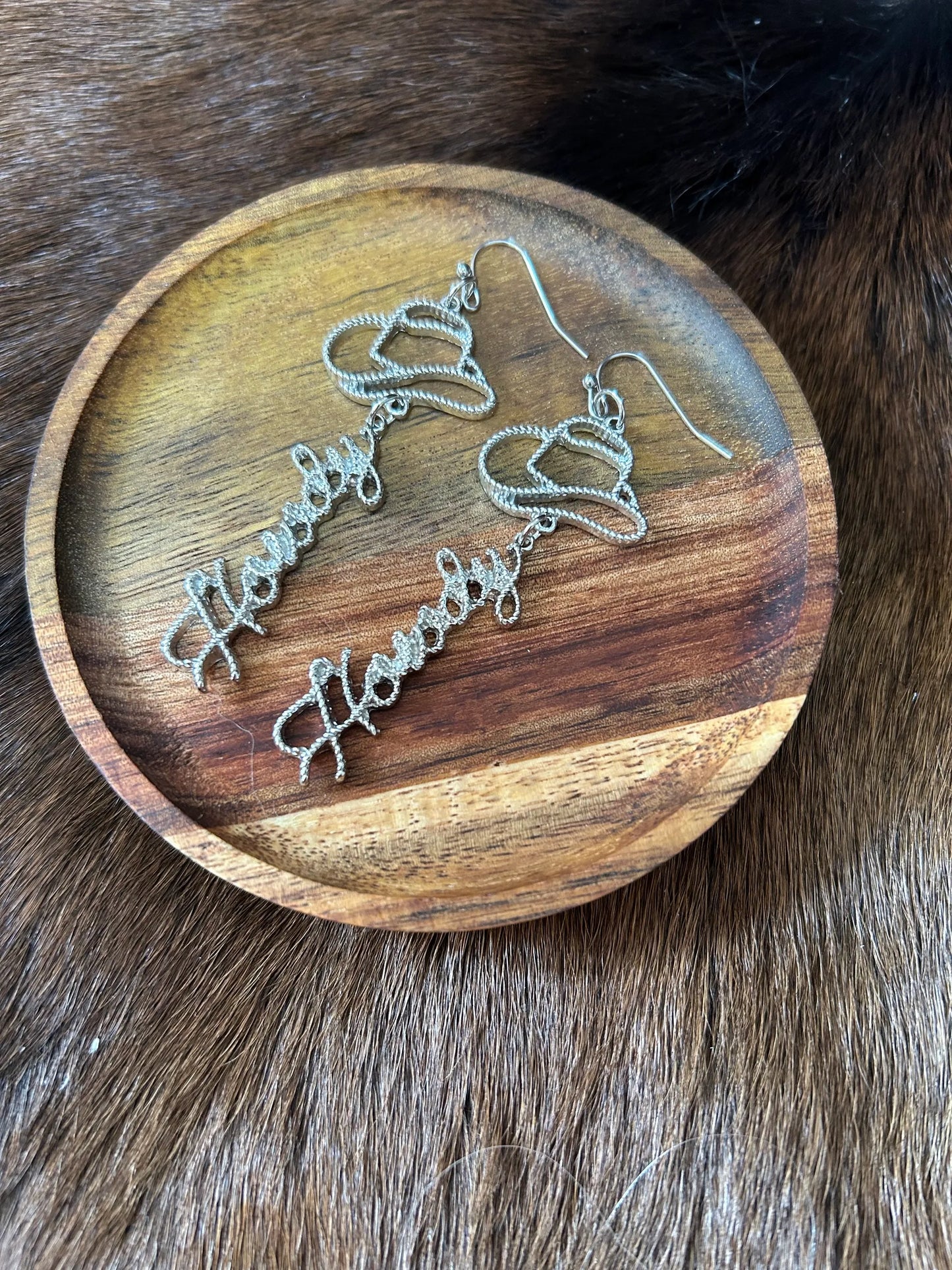 Western Silver Cowgirl Hat with Howdy Dangle Earrings