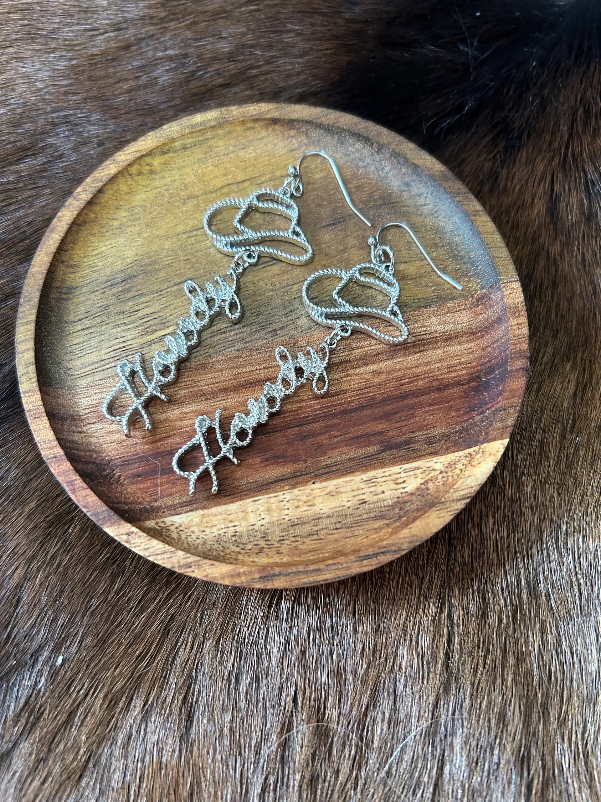 Western Silver Cowgirl Hat with Howdy Dangle Earrings