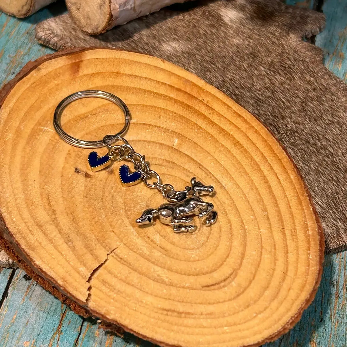 Western Horse with Two Blue Hearts Keychain