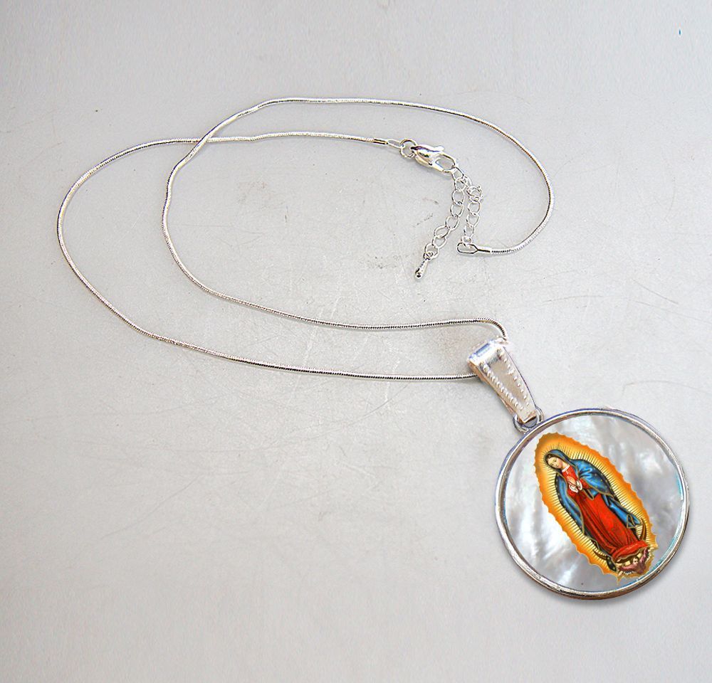 Lady of Guadalupe Silver Plated Mother of Pearl Necklace Jewelry - 43032-3