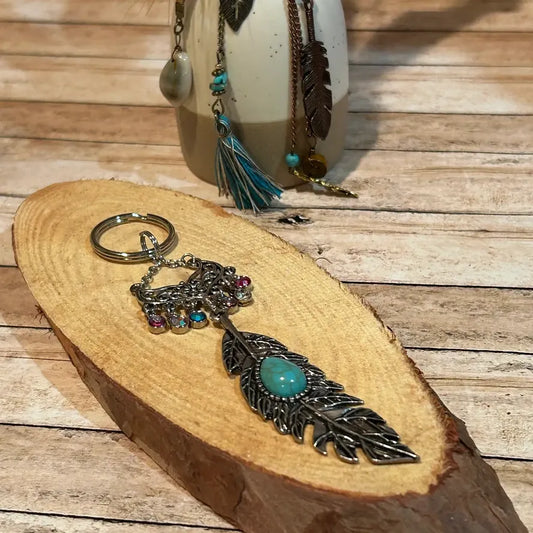 Western Silver Leaf Keychain with Stone