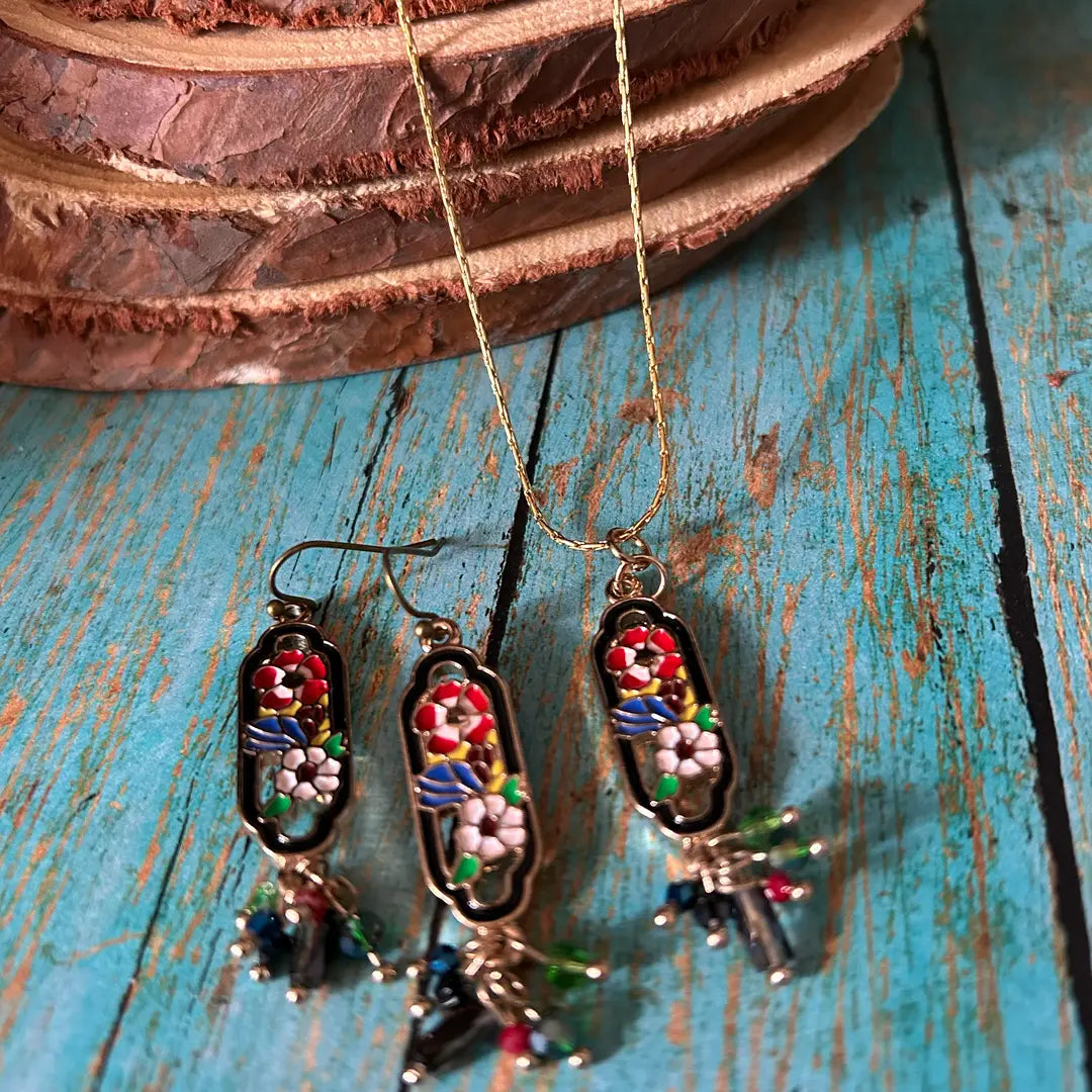Bohemian Flower Theme Bead Earring Necklace Set