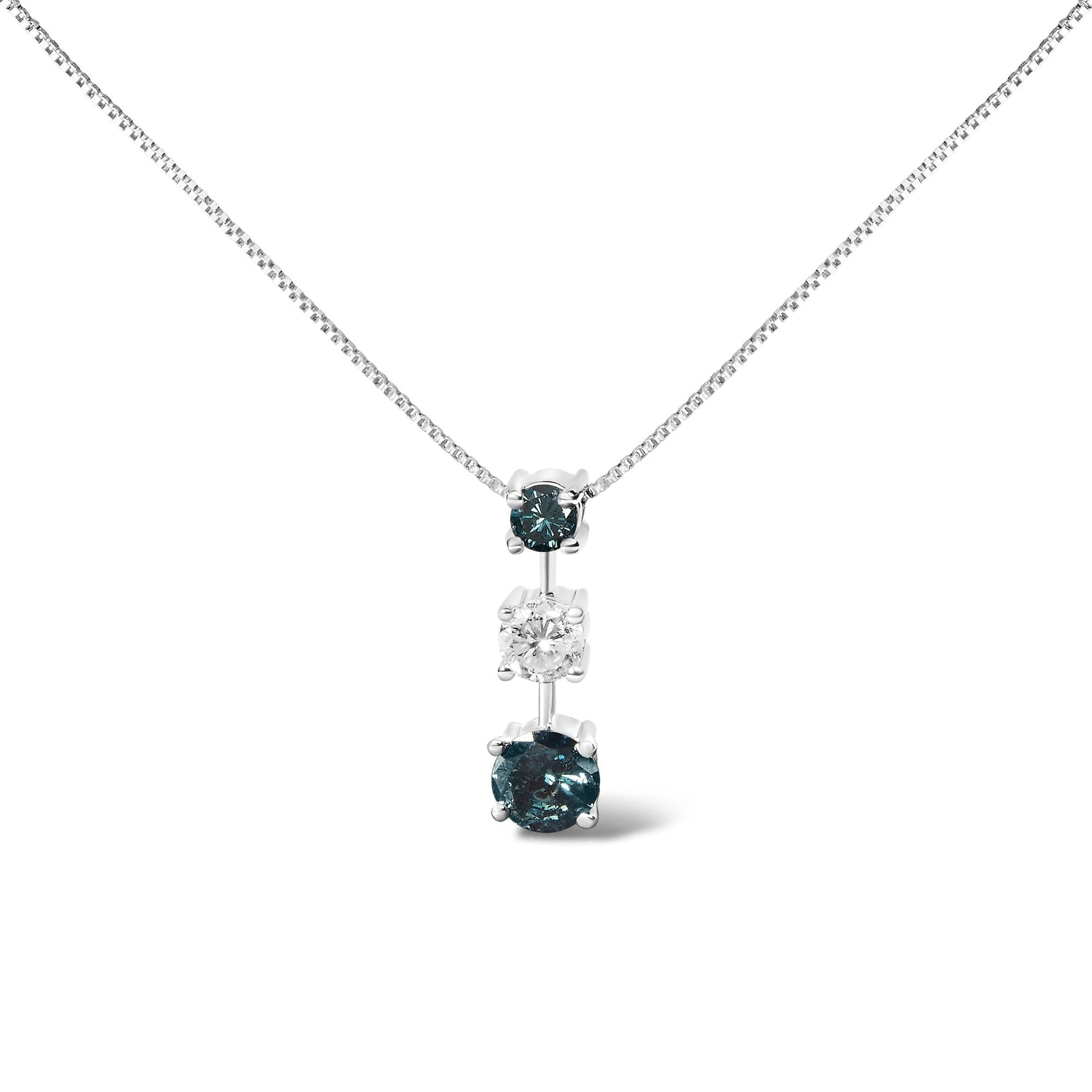 14K White Gold 1 1/2 Cttw Treated Blue and White Diamond 3-Stone 18" Pendant Necklace (Blue/H-I Color, I1-I2 Clarity)-0