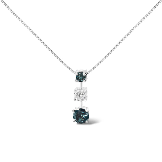 14K White Gold 1 1/2 Cttw Treated Blue and White Diamond 3-Stone 18" Pendant Necklace (Blue/H-I Color, I1-I2 Clarity)-0