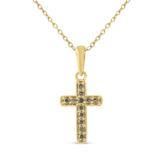 10K Yellow Gold Flashed .925 Sterling Silver 1/4 Cttw Champagne Diamond Cross Pendant Necklace (K-L Color, I1-I2 Clarity) - 18"-0