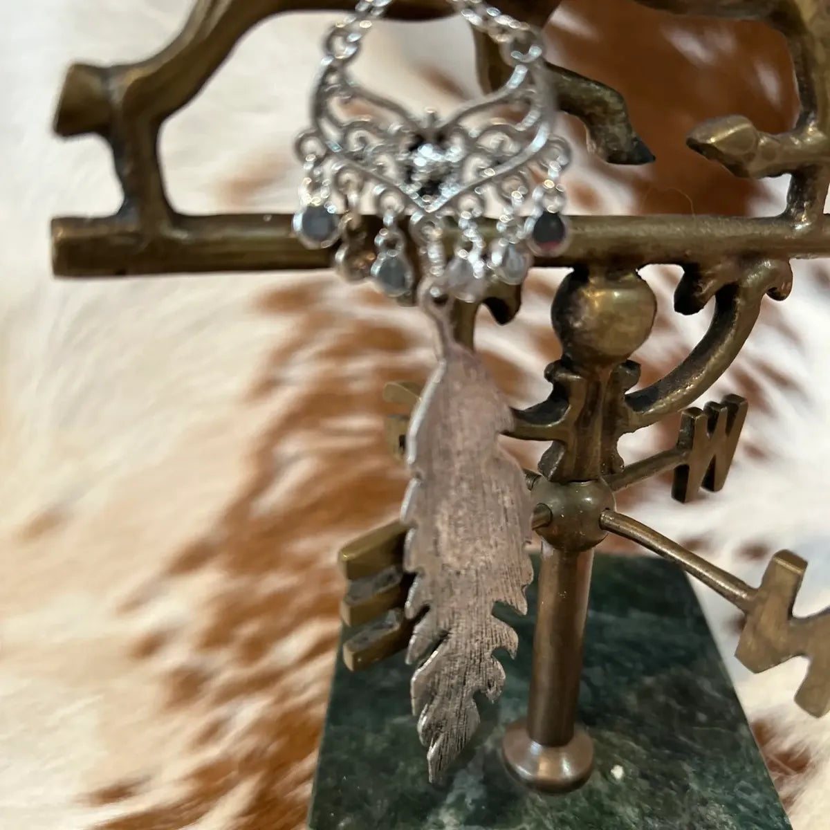 Western Silver Leaf Keychain with Stone