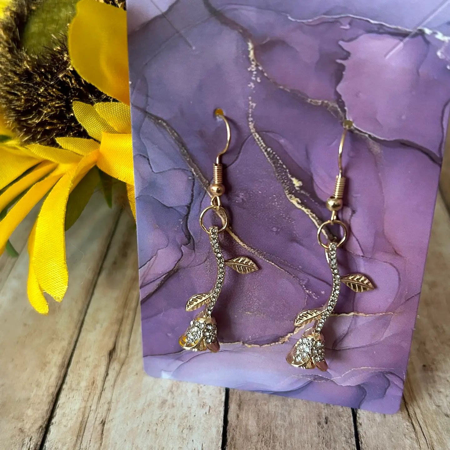Gold Long Stem Rose Earrings