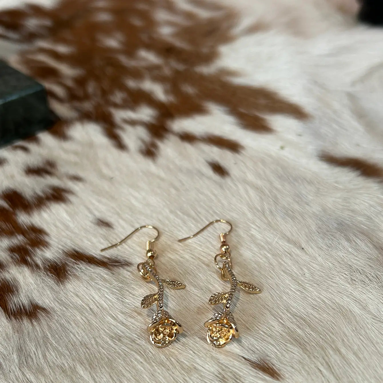 Gold Long Stem Rose Earrings