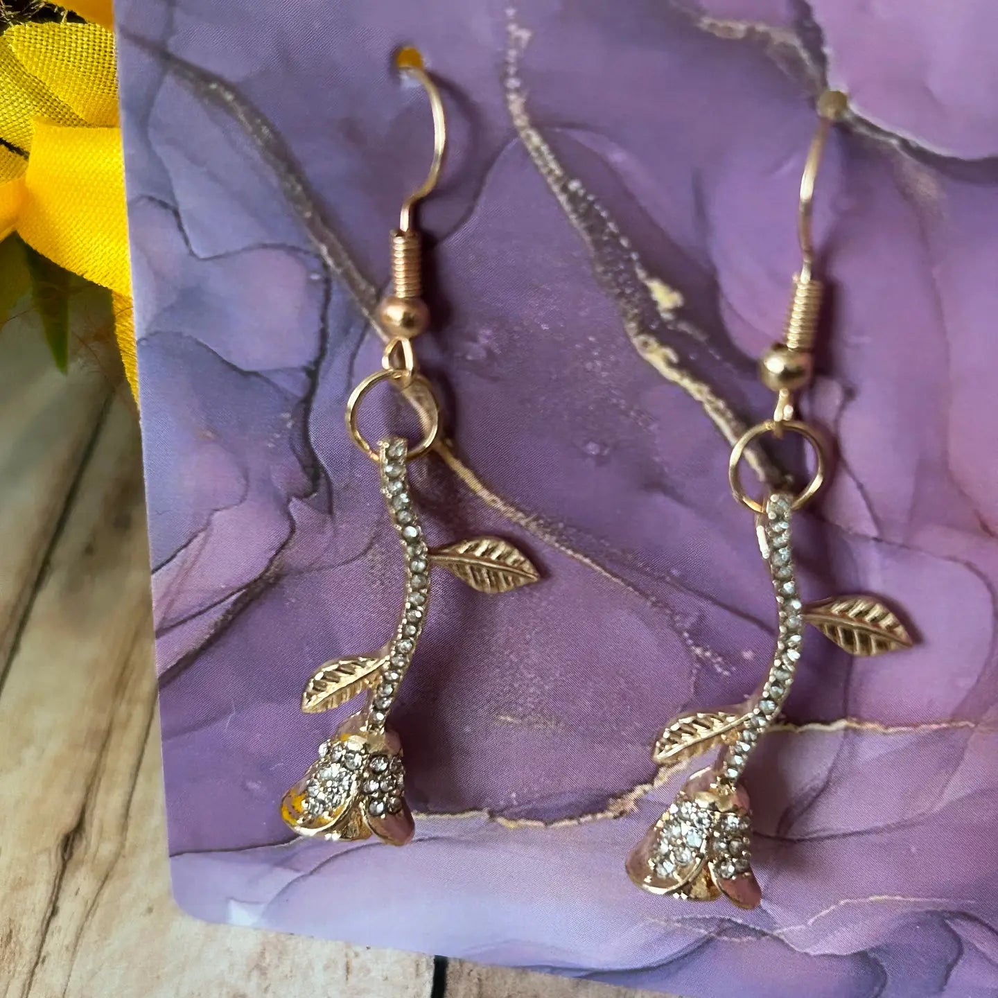 Gold Long Stem Rose Earrings