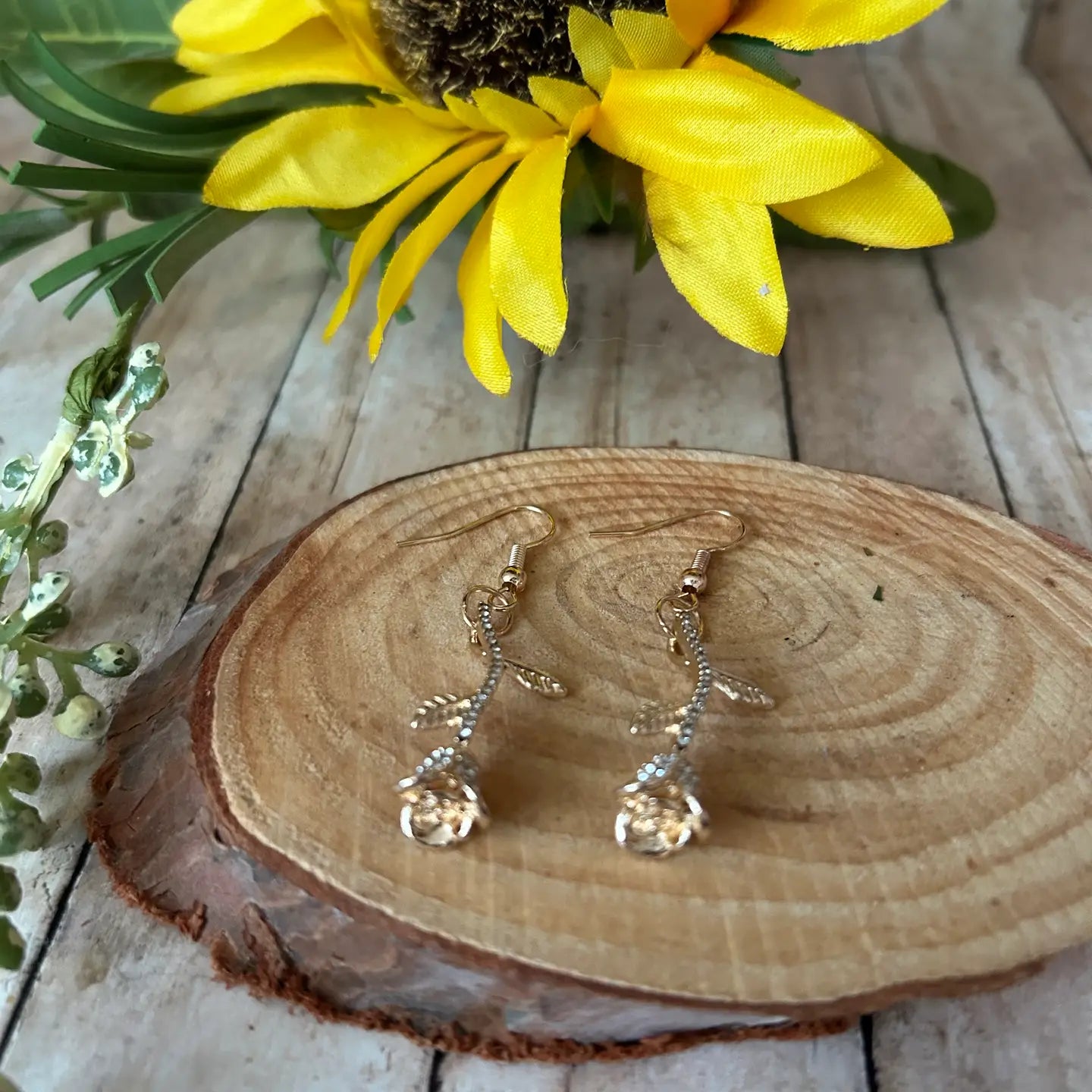 Gold Long Stem Rose Earrings