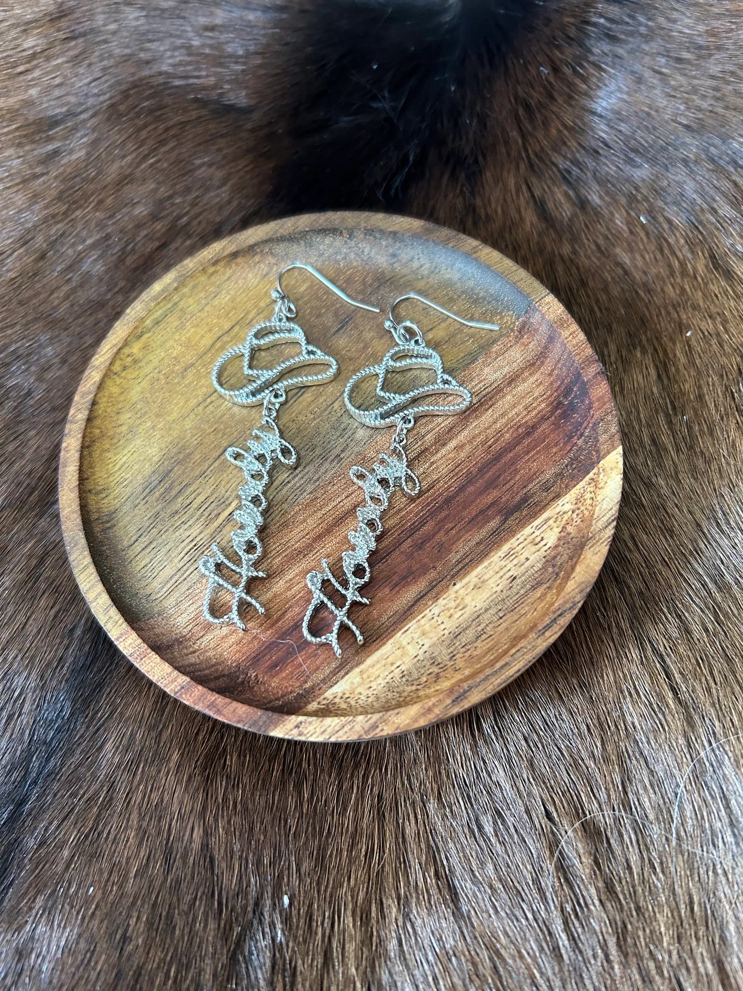 Western Silver Cowgirl Hat with Howdy Dangle Earrings