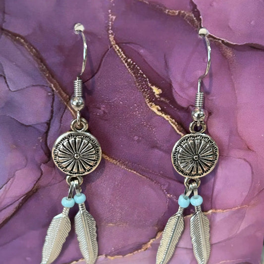 Western Style Earrings Featuring Two Feathers Plus Beads