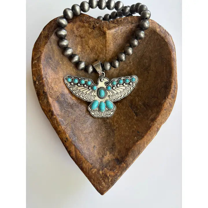 Western Thunderbird Pendant Navajo Style Pearl Bead Necklace