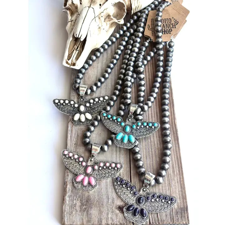 Western Thunderbird Pendant Navajo Style Pearl Bead Necklace