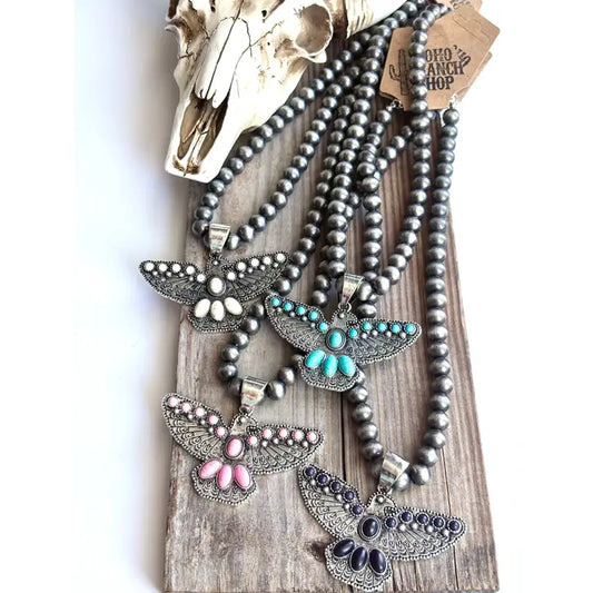Western Thunderbird Pendant Navajo Style Pearl Bead Necklace