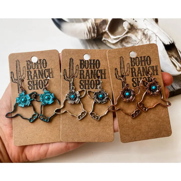 Western Farm Animal Flower Dangle Earrings - Horse Pig