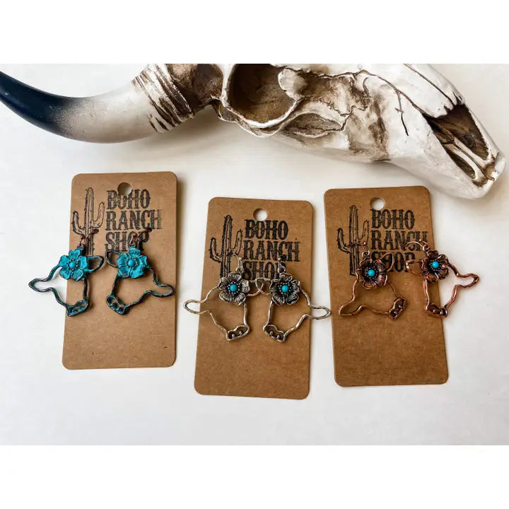 Western Farm Animal Flower Dangle Earrings - Horse Pig