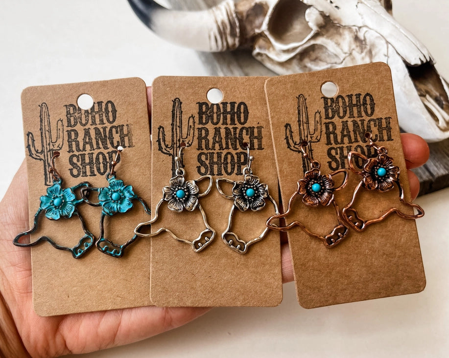 Western Farm Animal Flower Dangle Earrings - Horse Pig