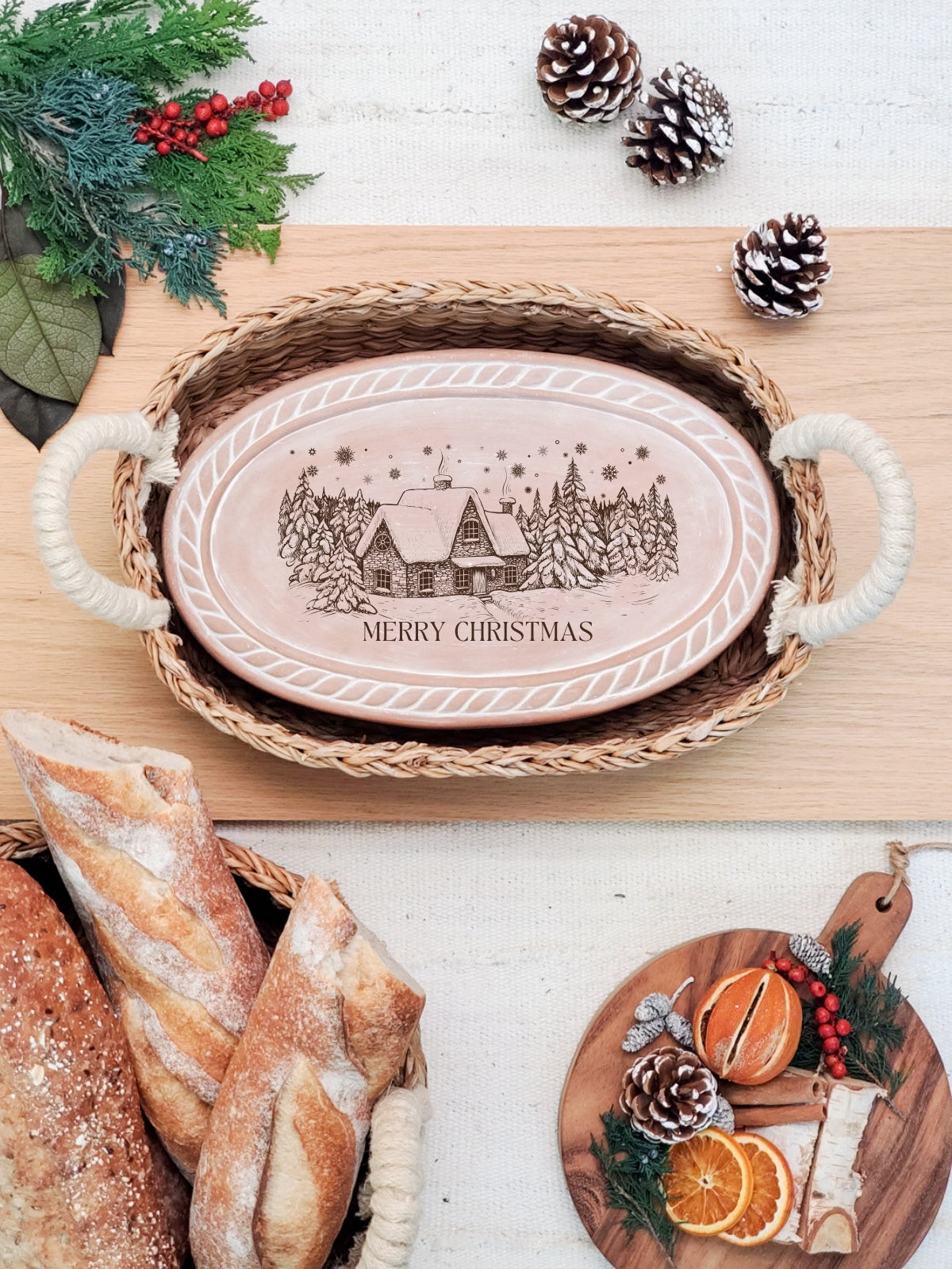 Bread Warmer & Basket - Christmas Village Oval-3