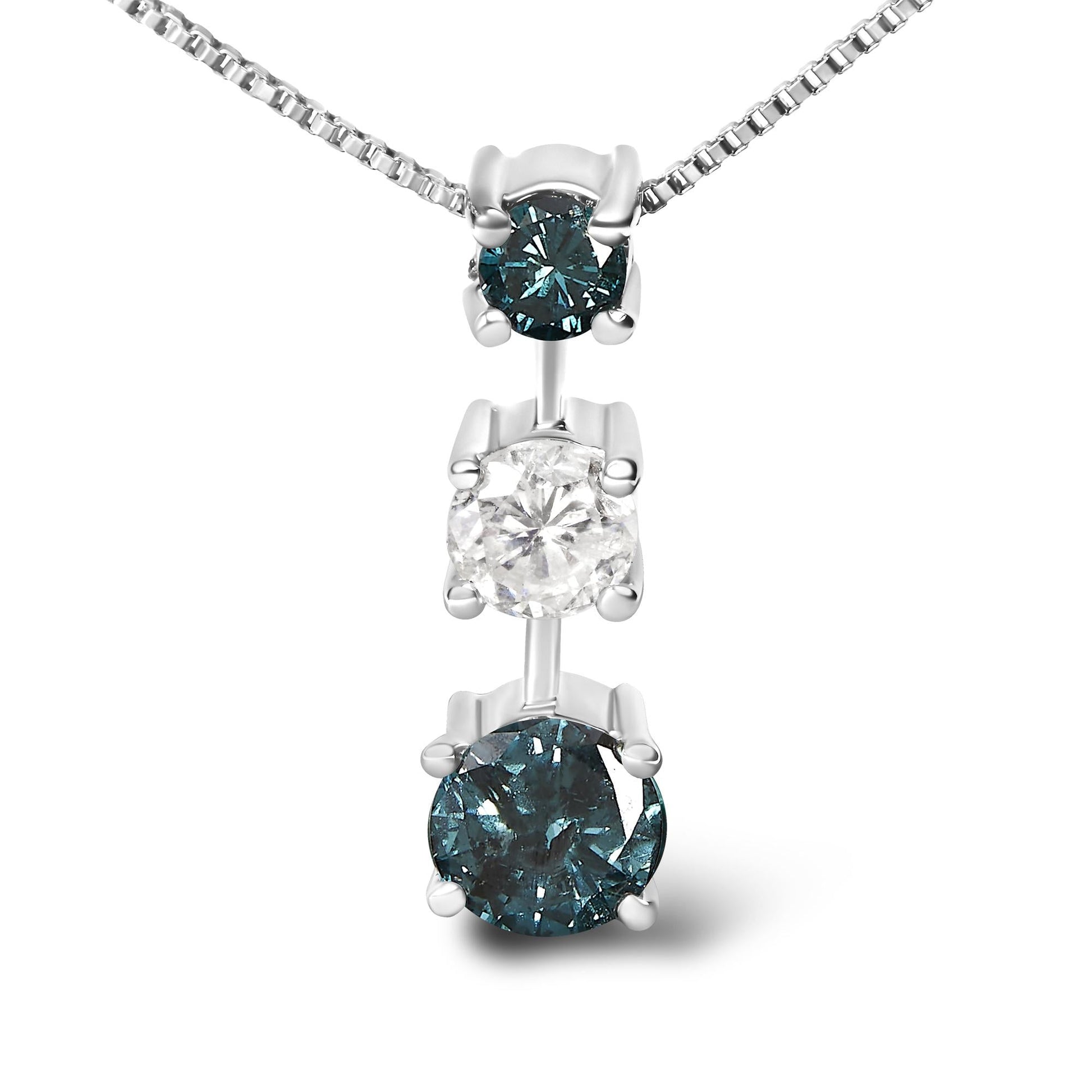 14K White Gold 1 1/2 Cttw Treated Blue and White Diamond 3-Stone 18" Pendant Necklace (Blue/H-I Color, I1-I2 Clarity)-1