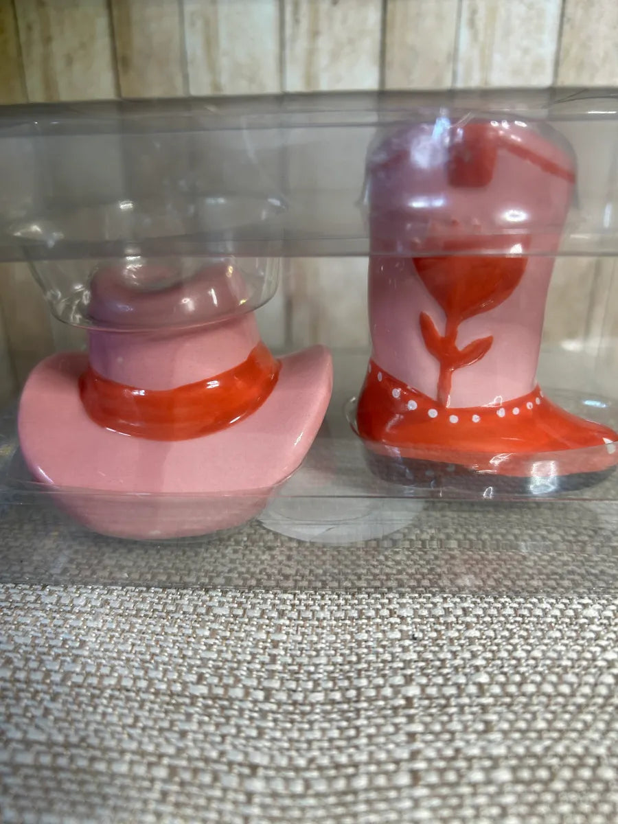 Western Hat with Cowboy Boot Salt & Pepper Shakers Pink/Red