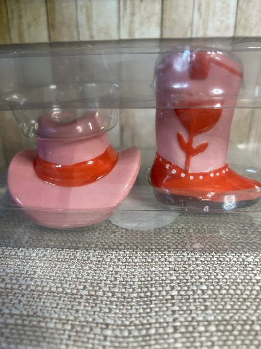Western Hat with Cowboy Boot Salt & Pepper Shakers Pink/Red