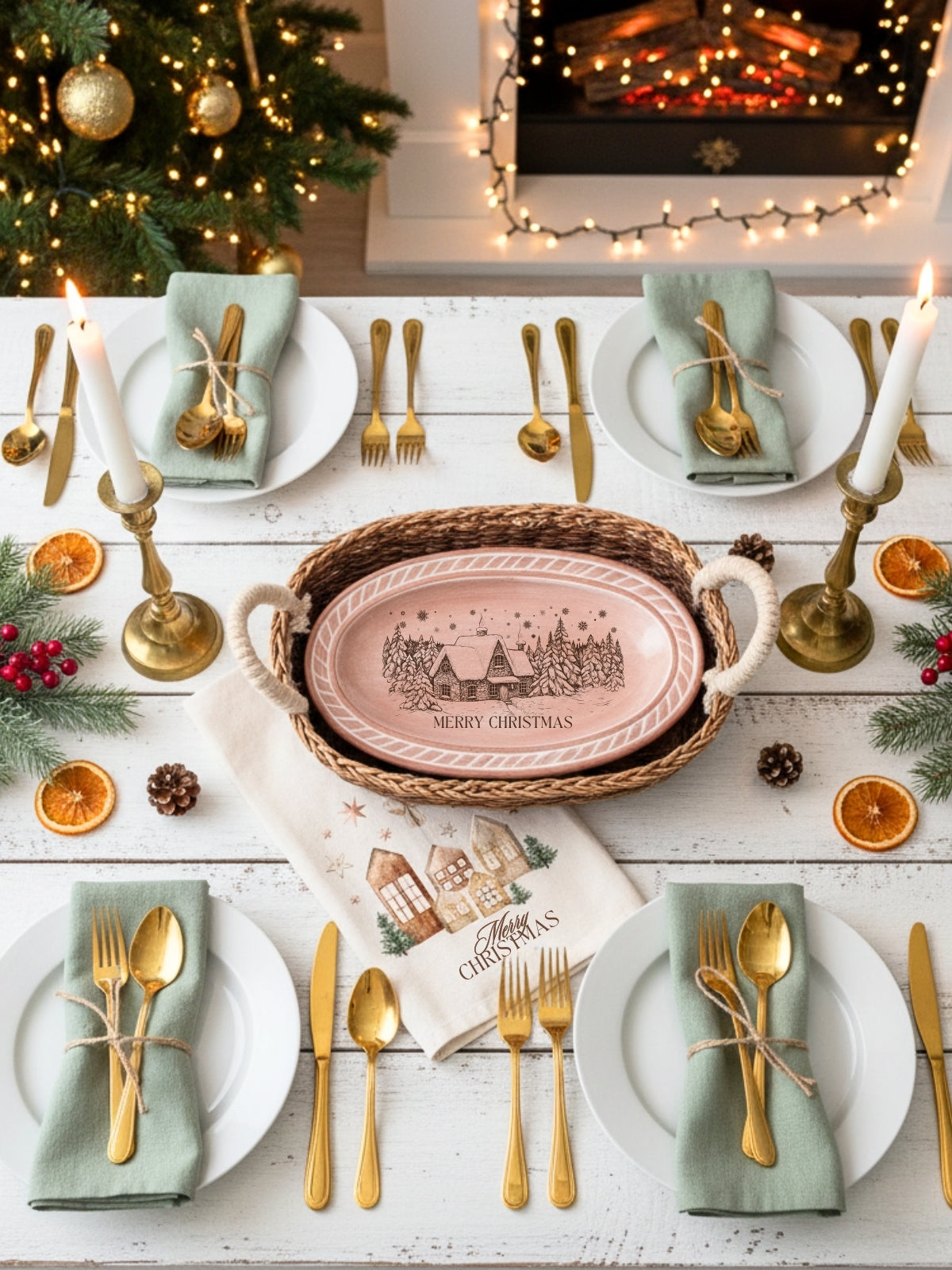 Bread Warmer & Basket - Christmas Village Oval-2