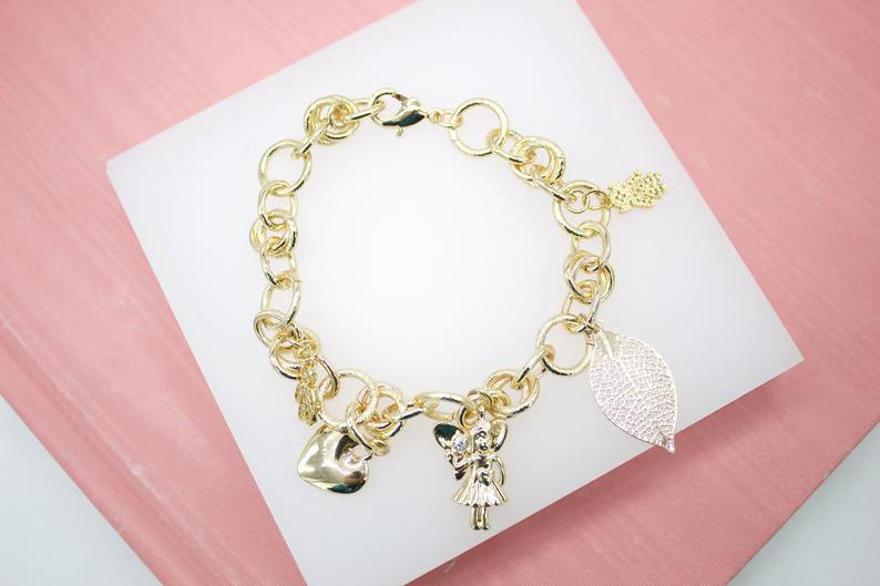 18K Gold Filled Nature, Fairy, Heart, Girl Boy Charms Bracelet (I405)-0