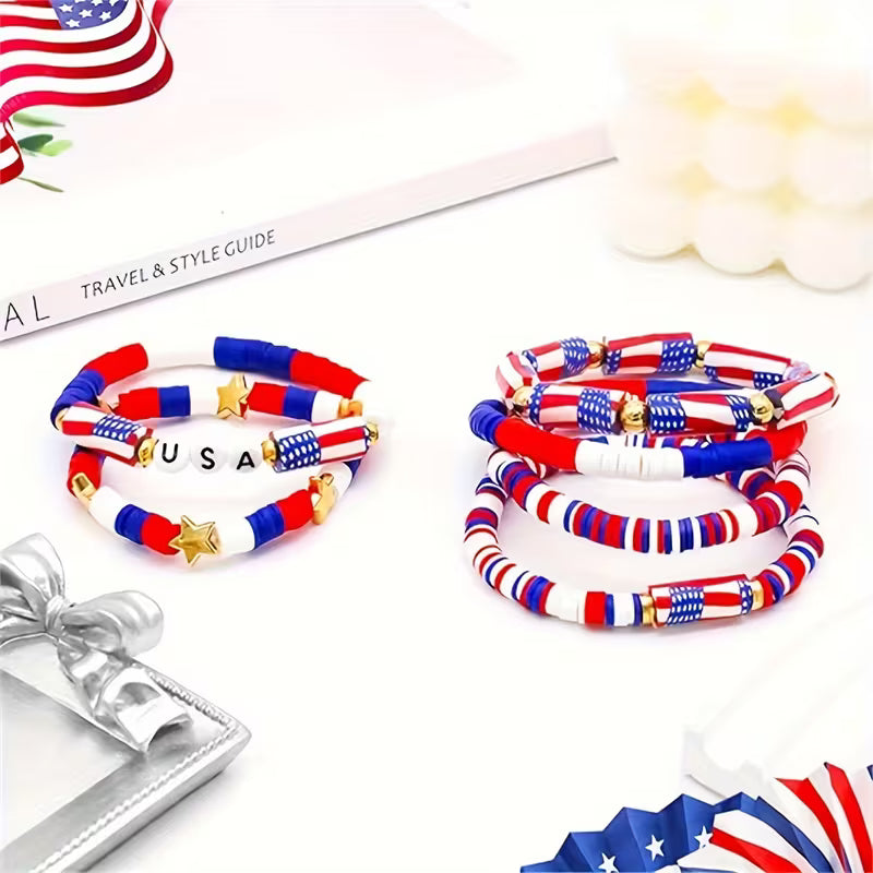 Red, White, And Blue Bracelets, American Flag Bracelets, Patriotic Beaded Stackable Bracelets, Summer Beach Waterproof Surfer Bracelet Set
