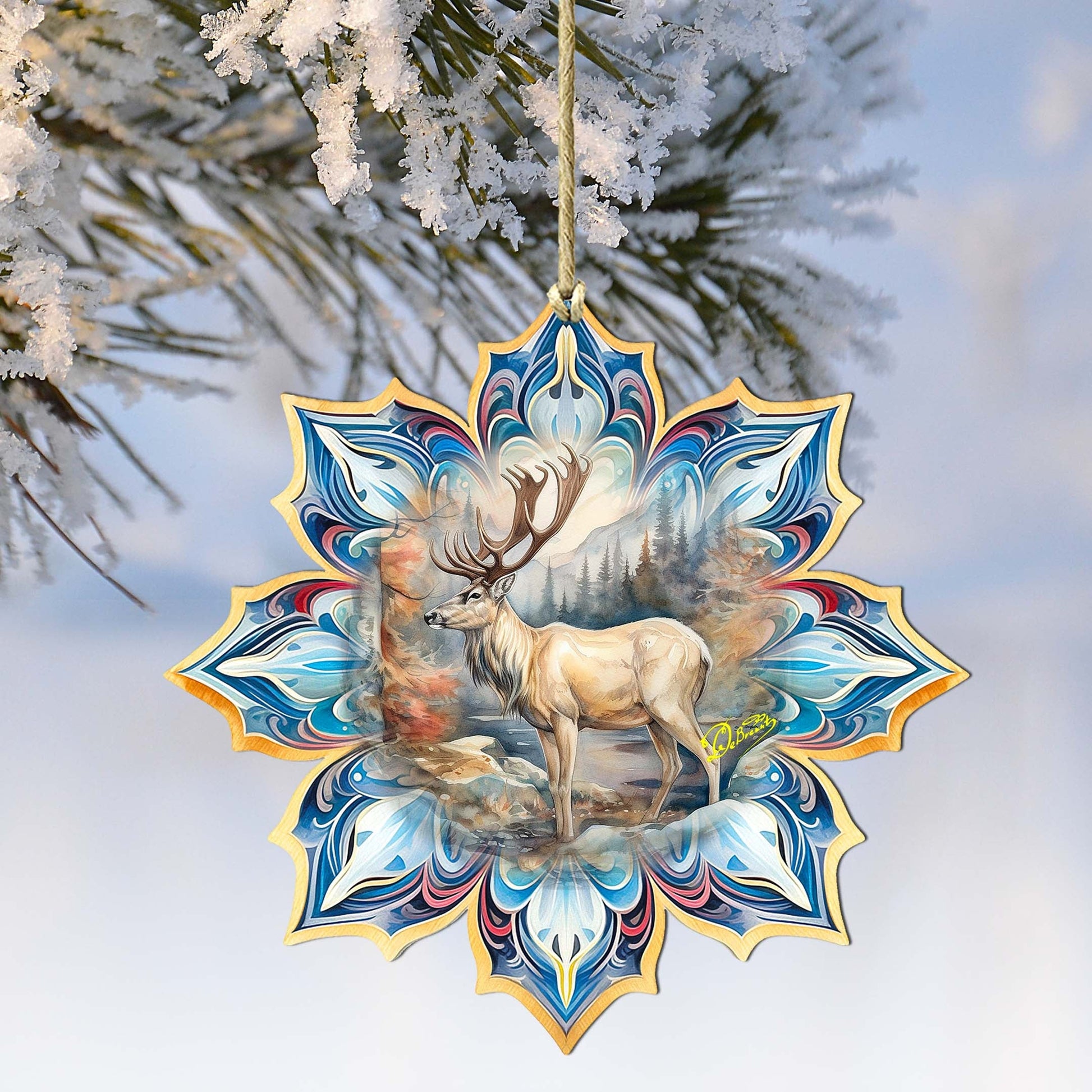 Reindeer Snowflake Large Wooden Ornament by G. Debrekht - Nature Wildlife Decor - 8688415M-3