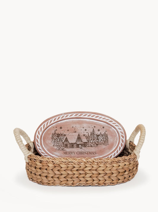 Bread Warmer & Basket - Christmas Village Oval-0