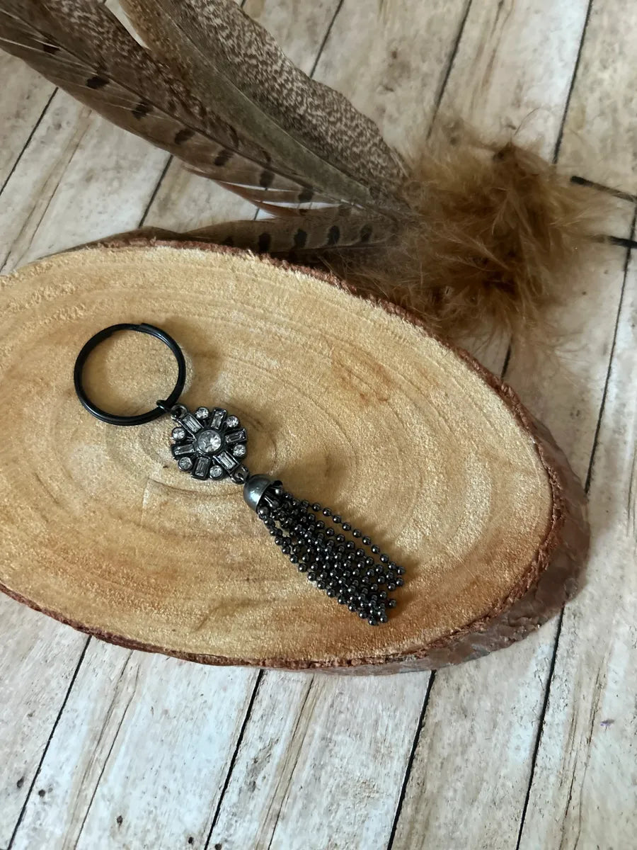 Bag Charm Black Flower Charm with Black Chains Keychain