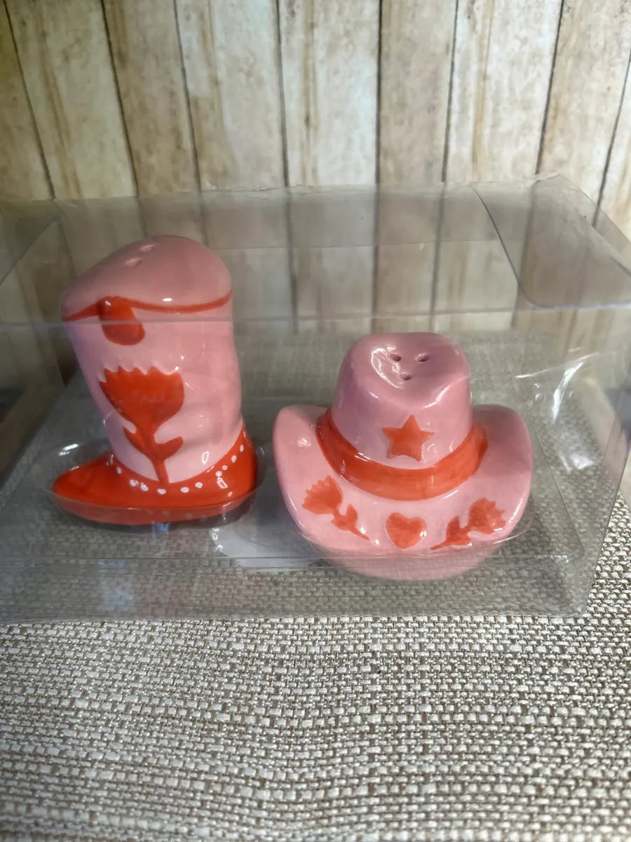 Western Hat with Cowboy Boot Salt & Pepper Shakers Pink/Red
