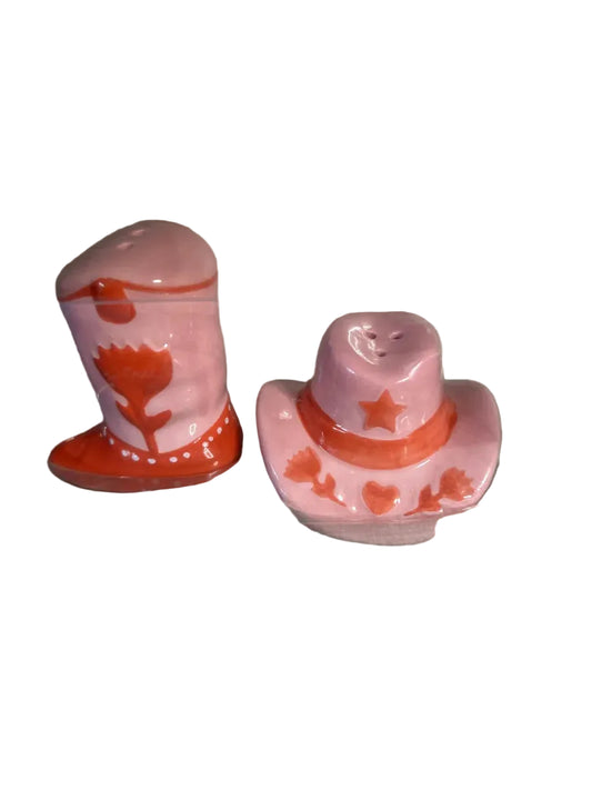 Western Hat with Cowboy Boot Salt & Pepper Shakers Pink/Red
