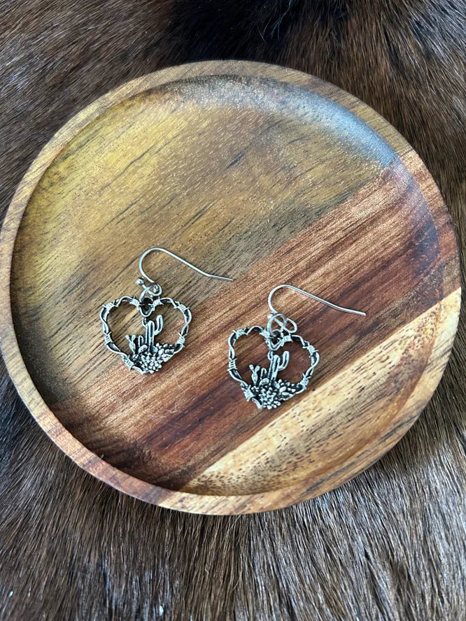 Silver Heart Shaped with Cactus Theme in the Center of Heart Earrings