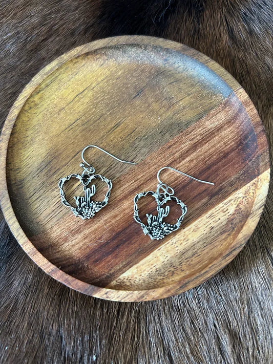 Silver Heart Shaped with Cactus Theme in the Center of Heart Earrings