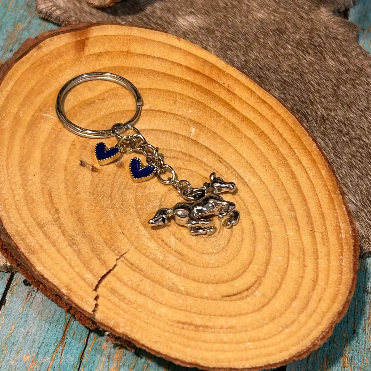 Western Horse with Two Blue Hearts Keychain