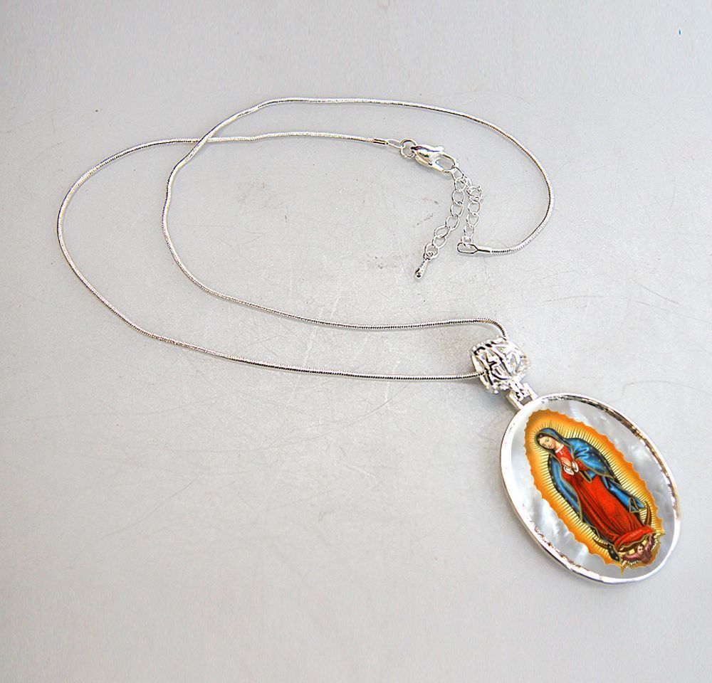 Lady of Guadalupe Silver Plated Mother of Pearl Necklace Jewelry - 43032-1