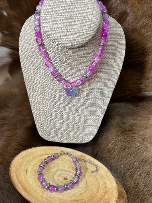 Young Girls Glass Beed Butterfly Necklace and Bracelet Set