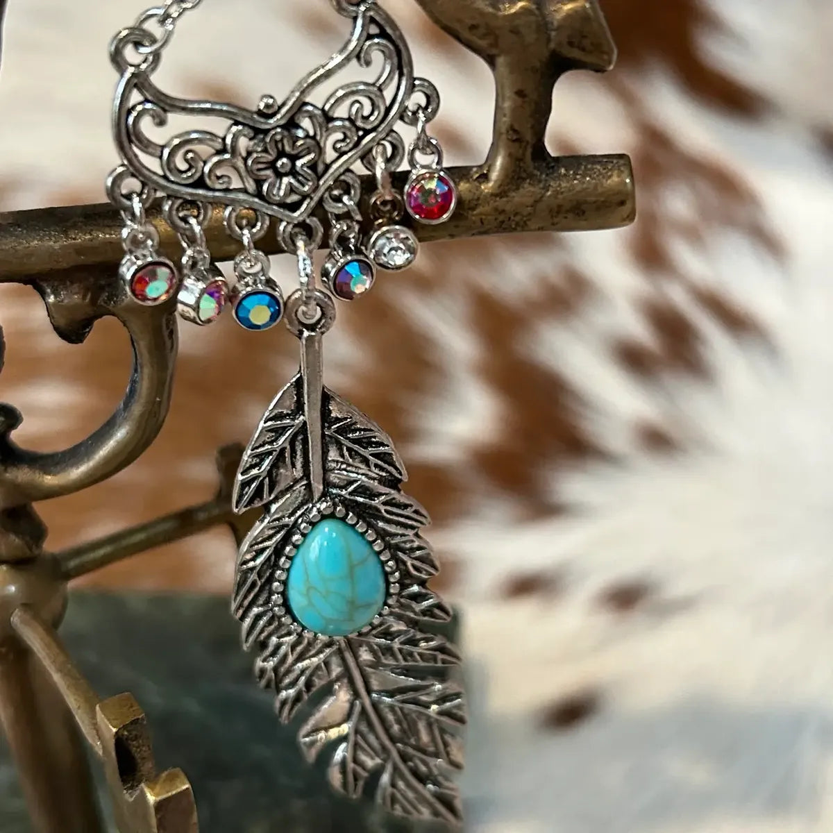 Western Silver Leaf Keychain with Stone